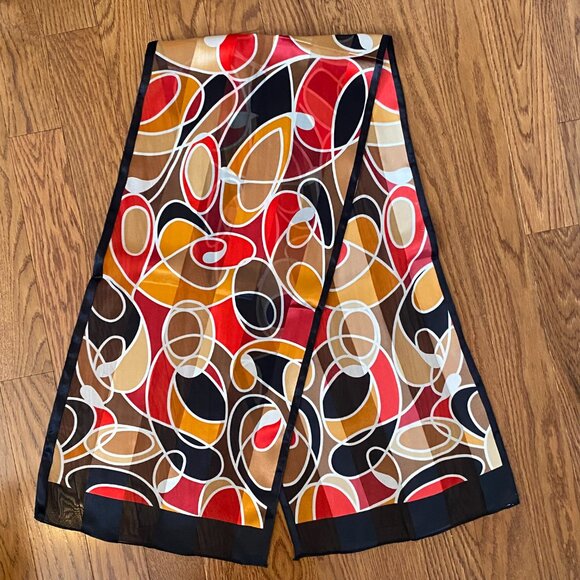 2/$20 ๐ Vintage Oldstock Sheer Scarf with Red, Black, Orange Abstract Pattern - Picture 5 of 8
